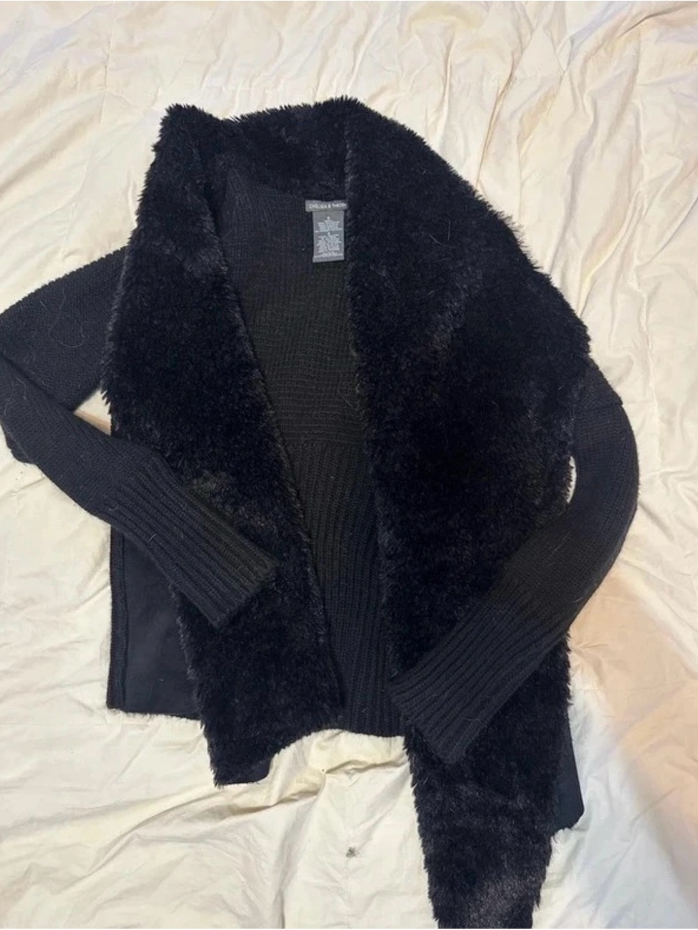 Women’s Chelsea & Theodore Black Faux Fur-Trim Open-Front Sweater